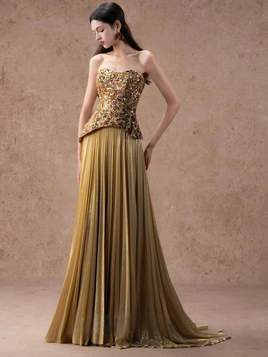 Glittery A line Strapless Gold Sleeveless Sequin Evening Long Formal Party Outfits RB3744
