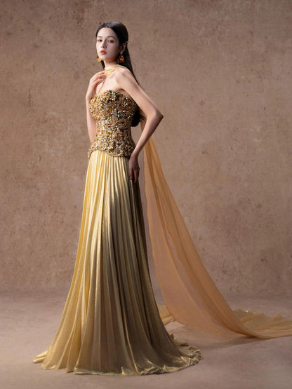 Glittery A line Strapless Gold Sleeveless Sequin Evening Long Formal Party Outfits RB3744
