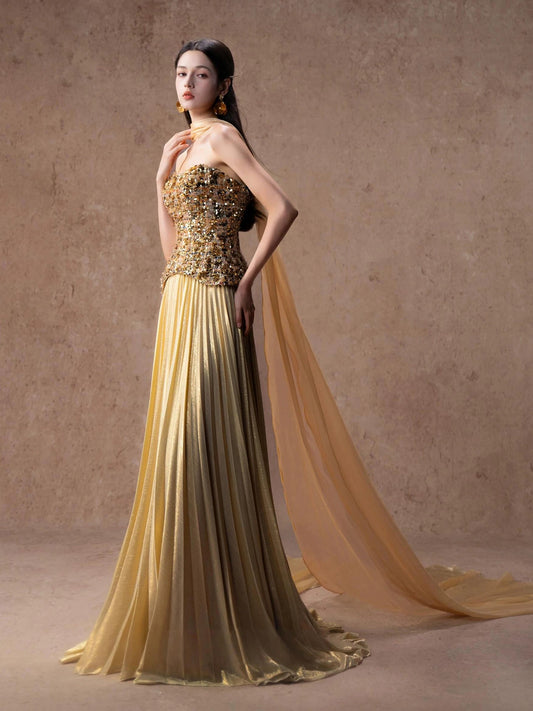 Glittery A line Strapless Gold Sleeveless Sequin Evening Long Formal Party Outfits RB3744