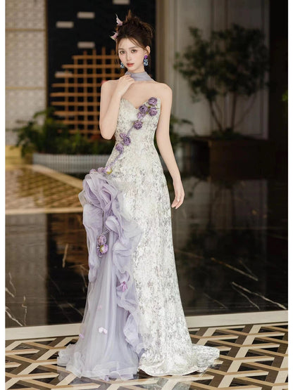 Trendy Mermaid Sweetheart Lilac With Flowers Sleeveless Scarf Evening Long Formal Party Outfits RB3746