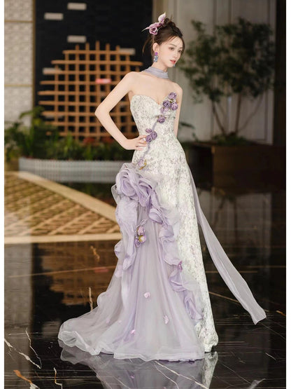 Trendy Mermaid Sweetheart Lilac With Flowers Sleeveless Scarf Evening Long Formal Party Outfits RB3746