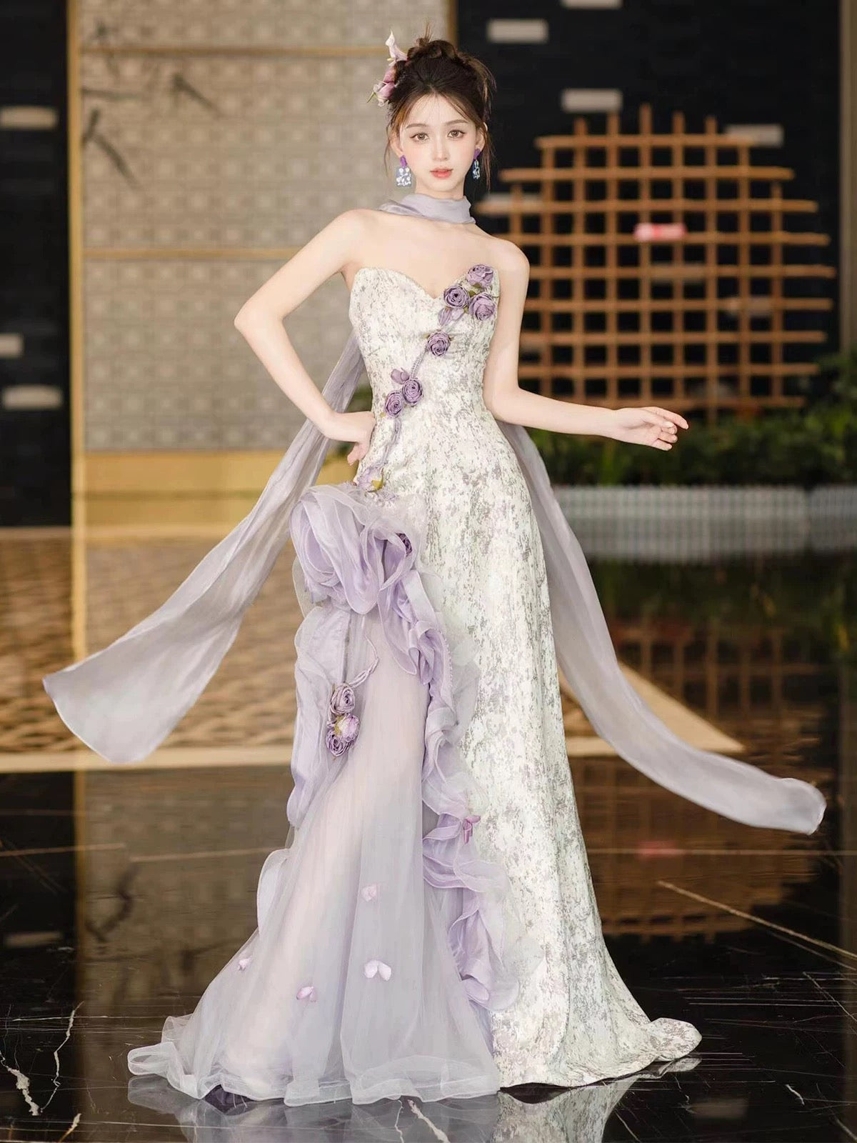 Trendy Mermaid Sweetheart Lilac With Flowers Sleeveless Scarf Evening Long Formal Party Outfits RB3746