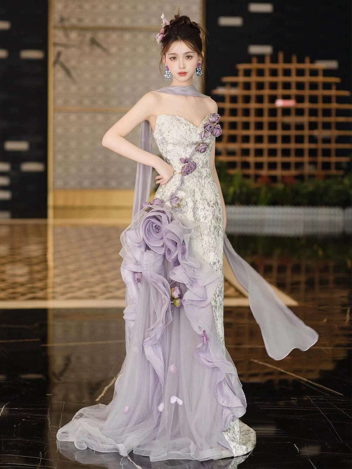 Trendy Mermaid Sweetheart Lilac With Flowers Sleeveless Scarf Evening Long Formal Party Outfits RB3746