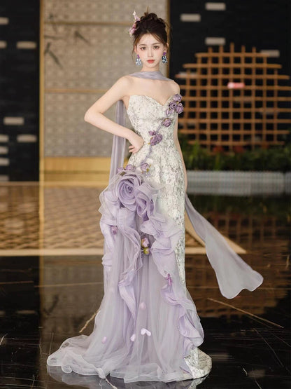 Trendy Mermaid Sweetheart Lilac With Flowers Sleeveless Scarf Evening Long Formal Party Outfits RB3746