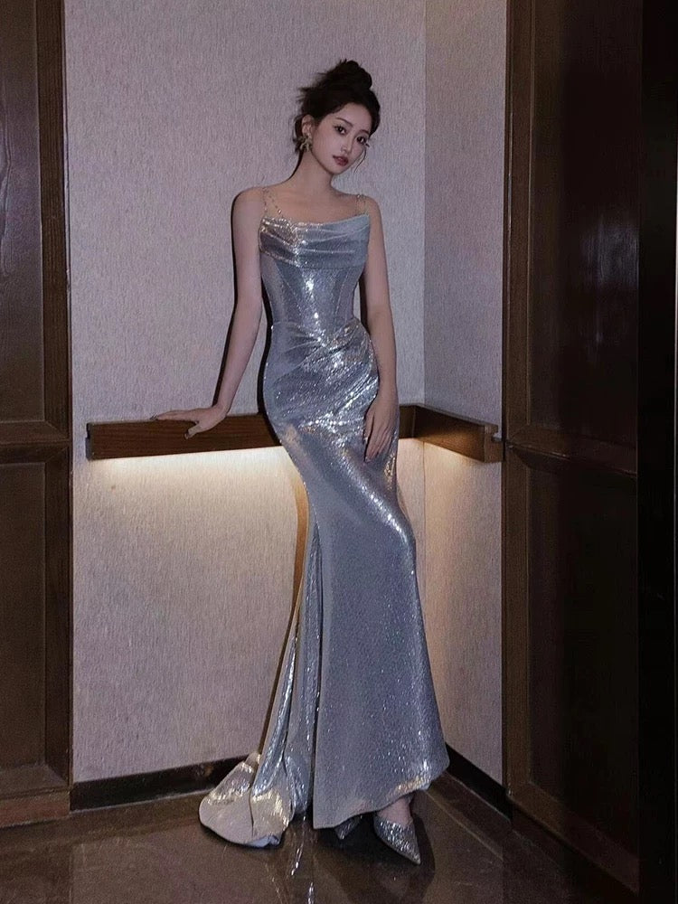 Trendy Mermaid Off The Shoulder Silver Sequin With Ruched Prom Dresses Evening Long Formal Party Outfits RB3747