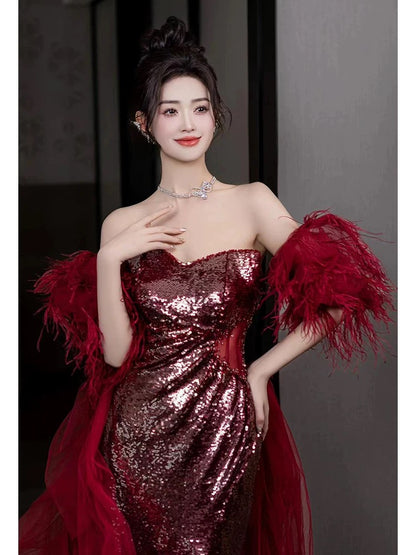 Shinning Mermaid Strapless Sequin Burgundy Slit Prom Dresses Formal Dress 18th Birthday Outfits Prom Gown RB1781