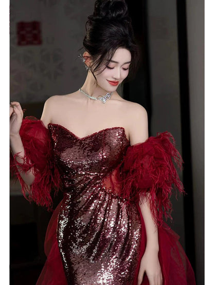 Shinning Mermaid Strapless Sequin Burgundy Slit Prom Dresses Formal Dress 18th Birthday Outfits Prom Gown RB1781