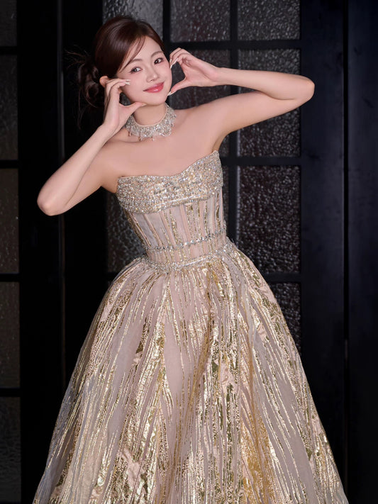 Princess Prom Dresses Ball Gown Sweetheart Gold Sequin Sweet 16 Evening Long Formal Dress RB3752