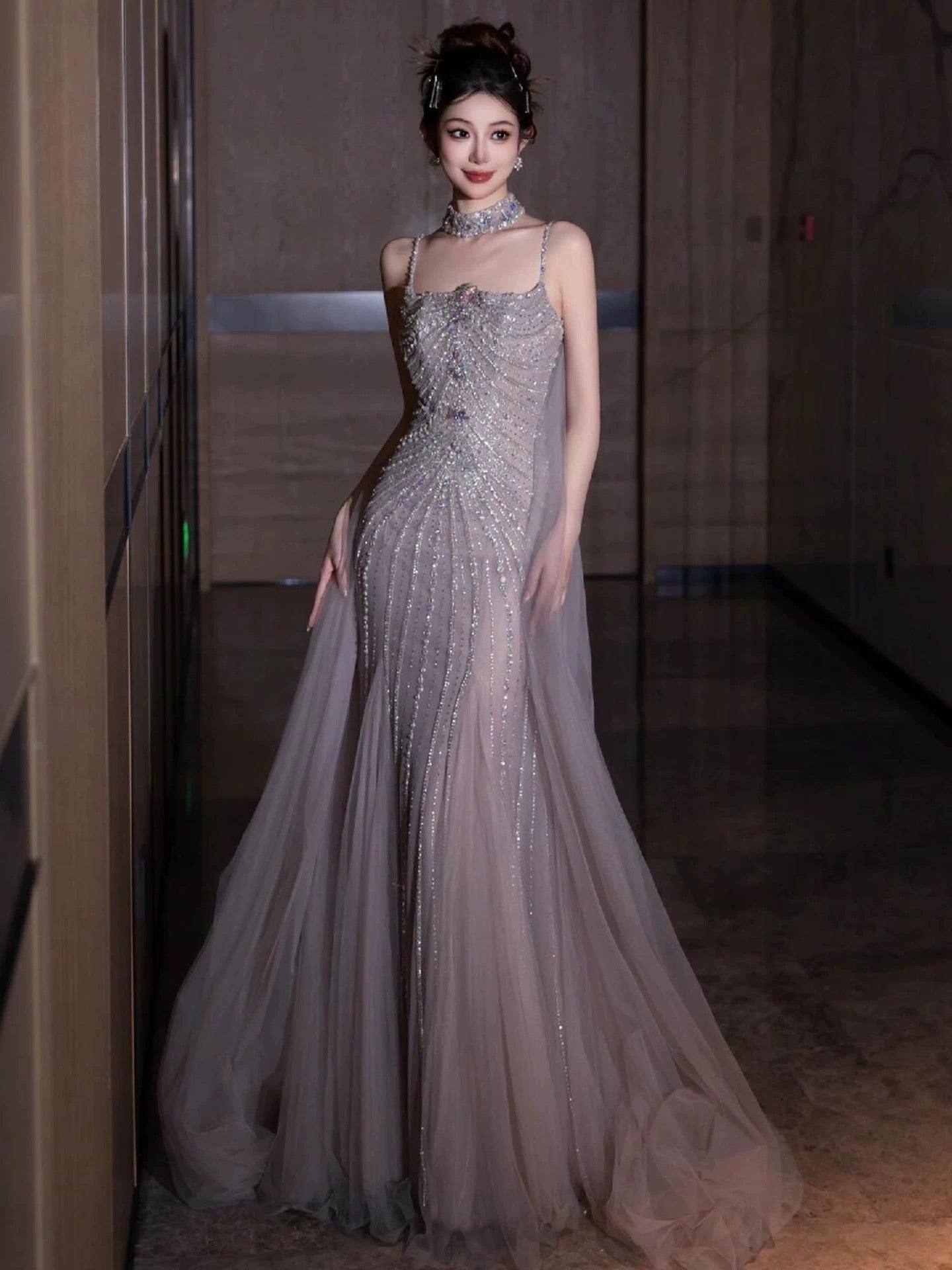 Glam Mermaid Spaghetti Strap Tulle Grey Prom Dresses Evening Long Semi Formal Dress RB3753