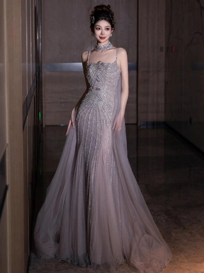 Glam Mermaid Spaghetti Strap Tulle Grey Prom Dresses Evening Long Semi Formal Dress RB3753