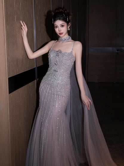 Glam Mermaid Spaghetti Strap Tulle Grey Prom Dresses Evening Long Semi Formal Dress RB3753