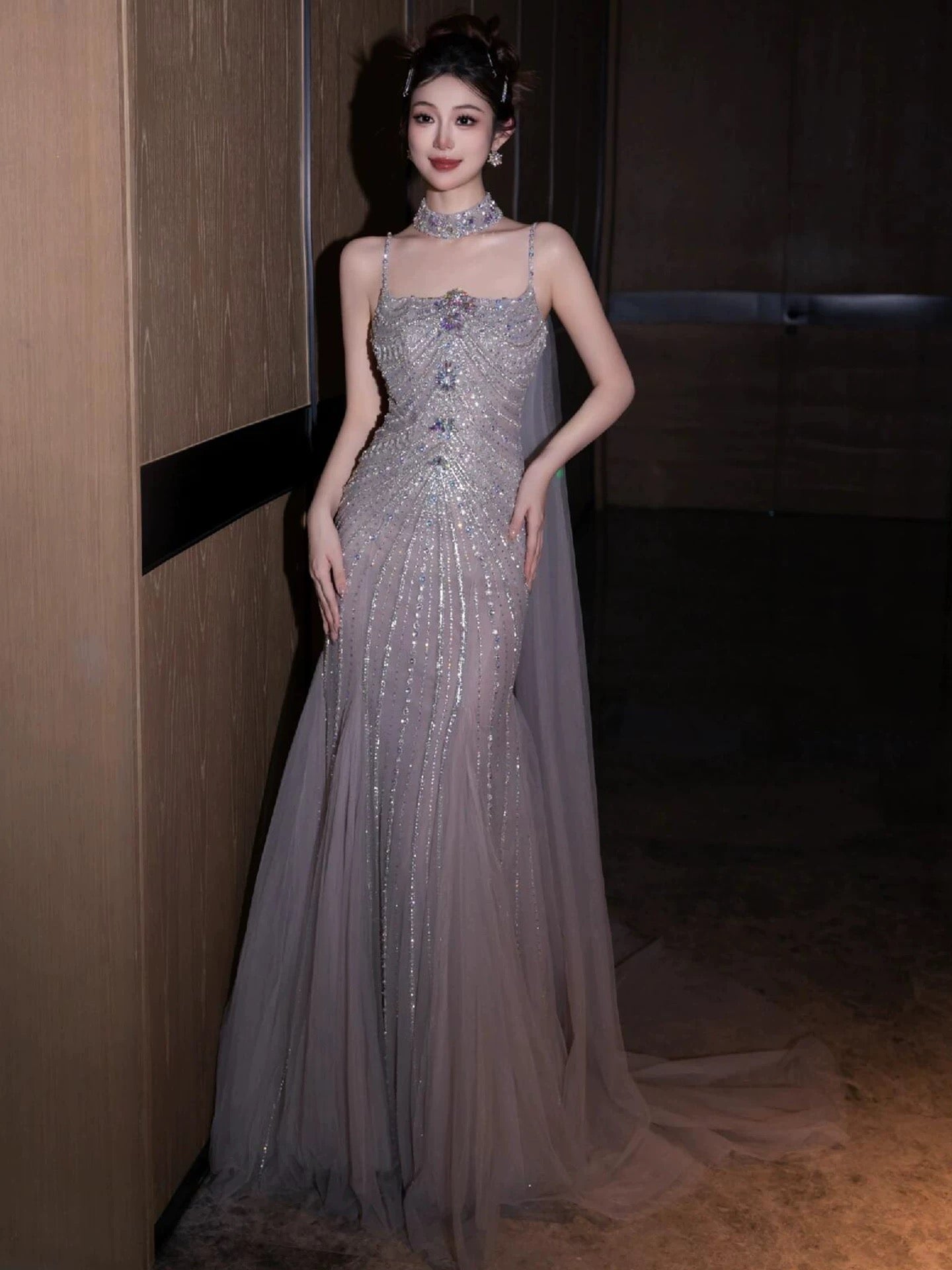 Glam Mermaid Spaghetti Strap Tulle Grey Prom Dresses Evening Long Semi Formal Dress RB3753