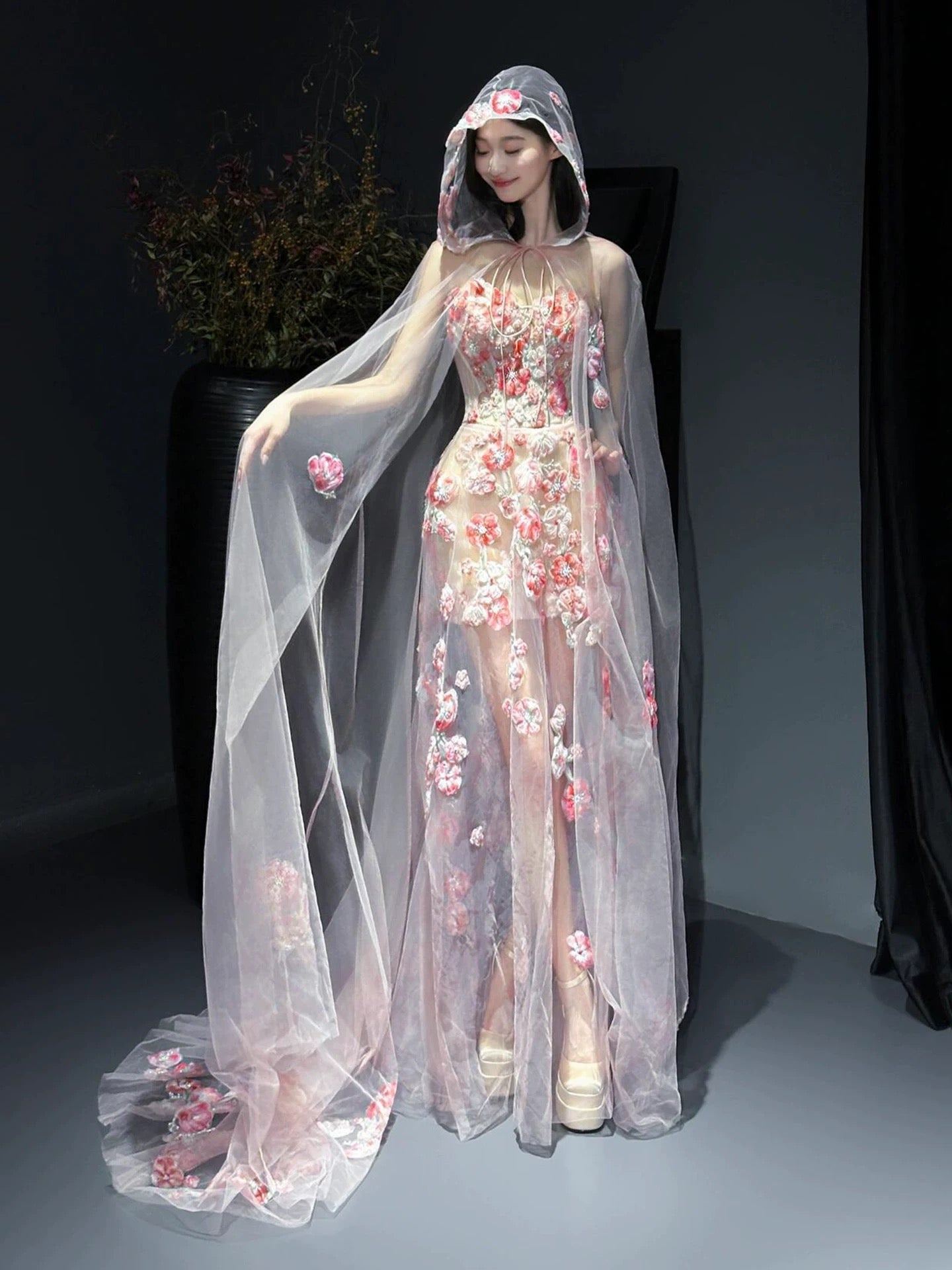 Glam Mermaid Floral Pink Tulle Prom Dresses Evening Long Semi Formal Dress RB3754