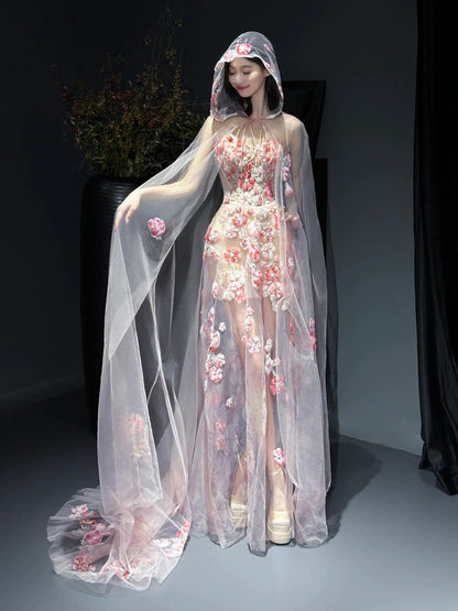 Glam Mermaid Floral Pink Tulle Prom Dresses Evening Long Semi Formal Dress RB3754