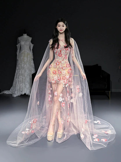 Glam Mermaid Floral Pink Tulle Prom Dresses Evening Long Semi Formal Dress RB3754