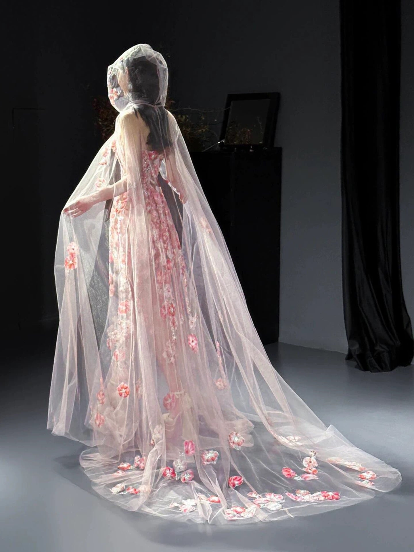 Glam Mermaid Floral Pink Tulle Prom Dresses Evening Long Semi Formal Dress RB3754