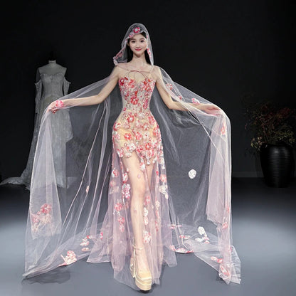 Glam Mermaid Floral Pink Tulle Prom Dresses Evening Long Semi Formal Dress RB3754