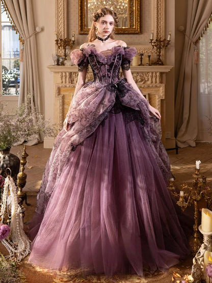 Princess Prom Dresses Ball Gown Off The Shoulder Tulle Grape Sweet 16 Evening Long Formal Dress RB3755