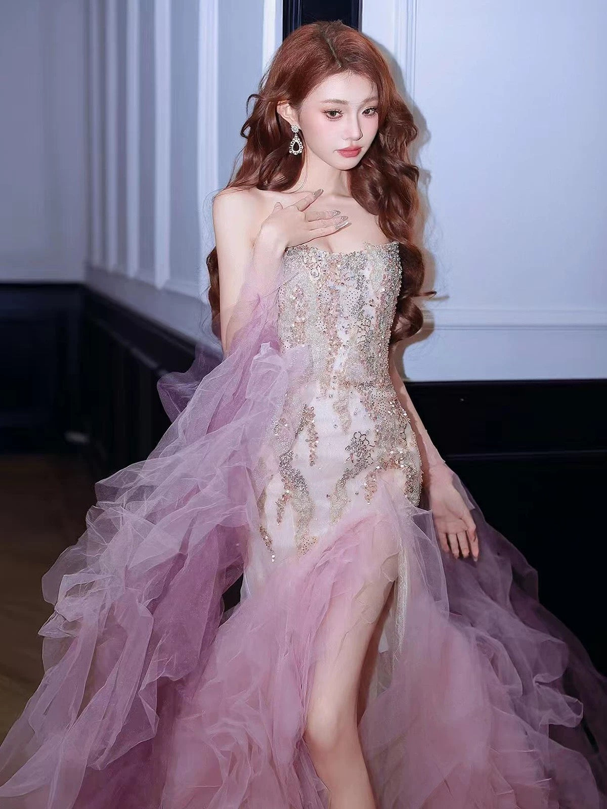 Trendy Mermaid Ruffle Long Formal Sweetheart Pink Corset Prom Dresses Evening Long Formal Party Outfits RB3756