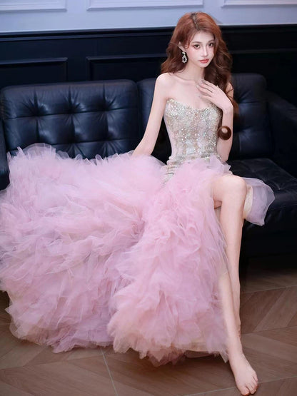 Trendy Mermaid Ruffle Long Formal Sweetheart Pink Corset Prom Dresses Evening Long Formal Party Outfits RB3756