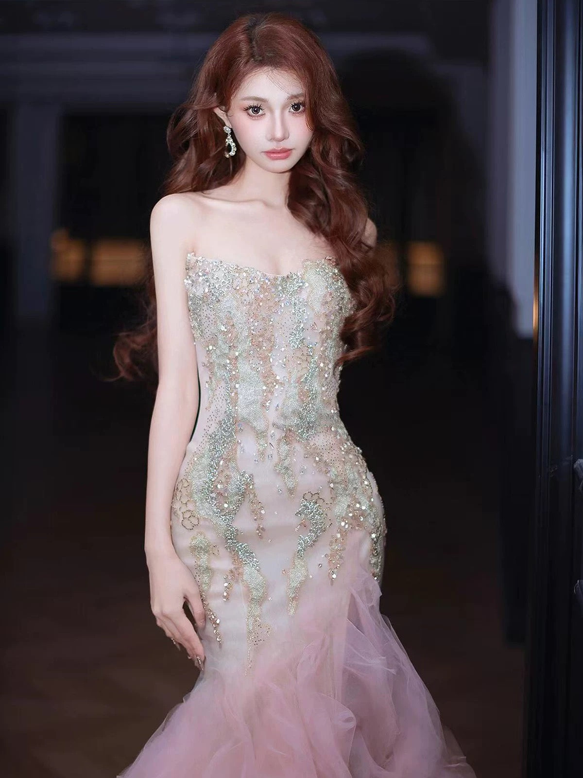 Trendy Mermaid Ruffle Long Formal Sweetheart Pink Corset Prom Dresses Evening Long Formal Party Outfits RB3756