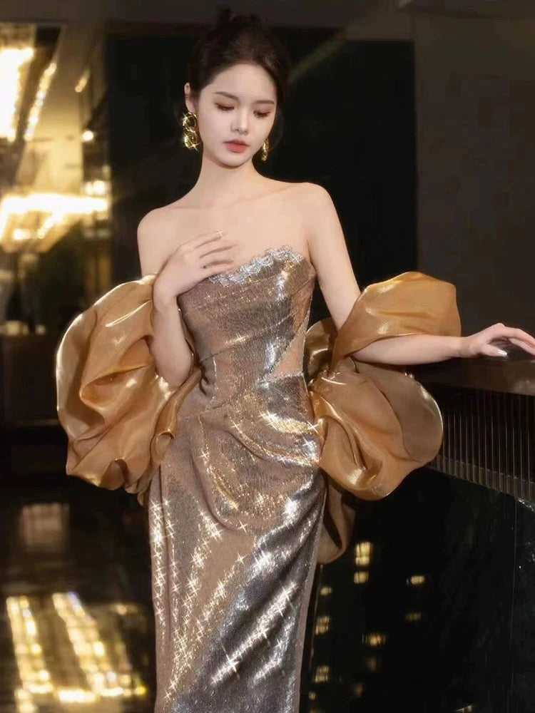 Sparkly Mermaid Sweetheart Gold Sequin With Cape Long Floor Length Evening Dresses Inspo Evening Outfits RB5167