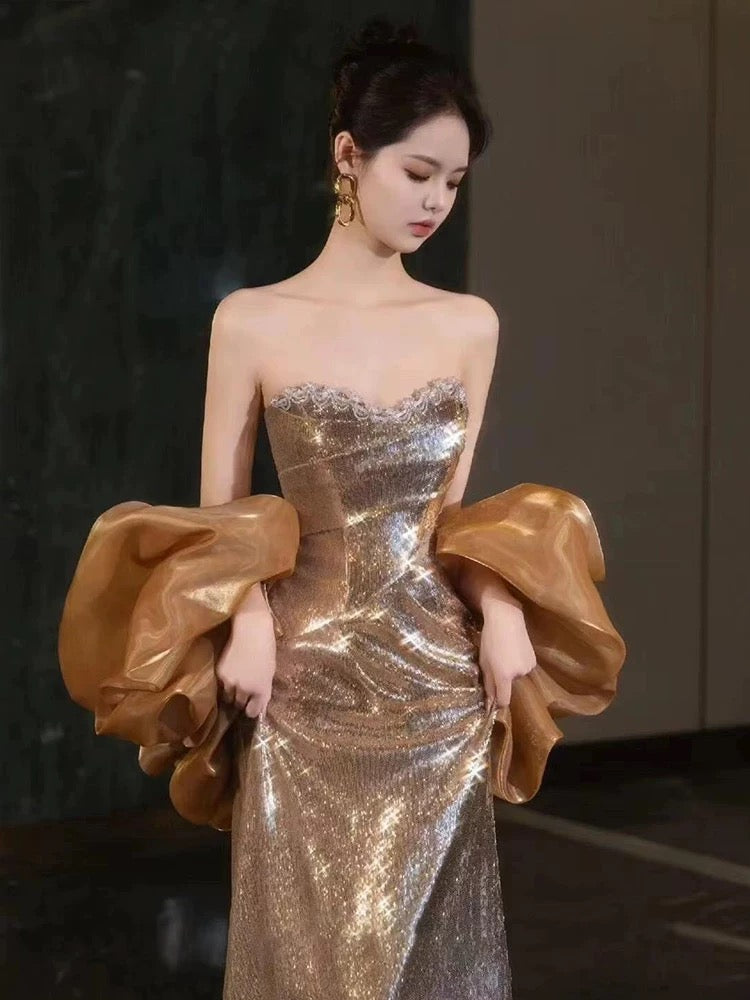 Sparkly Mermaid Sweetheart Gold Sequin With Cape Long Floor Length Evening Dresses Inspo Evening Outfits RB5167