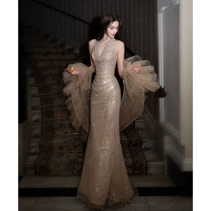 Sparkly Mermaid Halter Champagne Sequin With Cape Long Evening Dresses Inspo Evening Outfits RB5172
