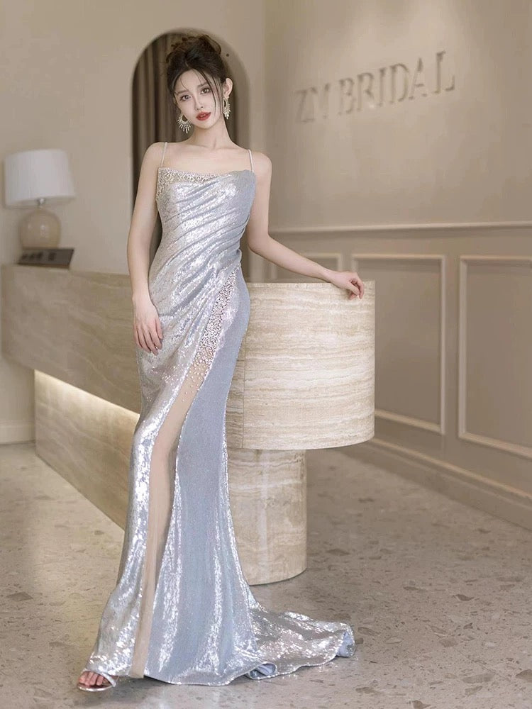 Sparkly Mermaid Spaghetti Strap Sliver Sequin With Cape Split Long Evening Dresses Inspo Evening Outfits RB5170
