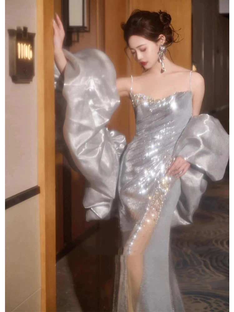 Sparkly Mermaid Spaghetti Strap Sliver Sequin With Cape Split Long Evening Dresses Inspo Evening Outfits RB5170