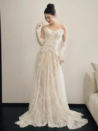 Simple A Line Sweetehart With Scarf White Lace Brides Gown Bridal Dress Long Wedding Dresses RB5193