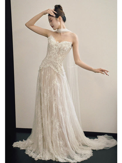 Simple A Line Sweetehart With Scarf White Lace Brides Gown Bridal Dress Long Wedding Dresses RB5193