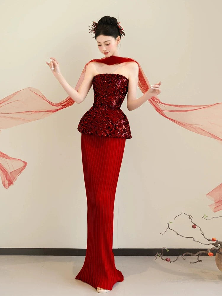 Sparkly Mermaid Strapless Burgundy Sequin With Scarf Long Evening Dresses Inspo Evening Outfits RB5173