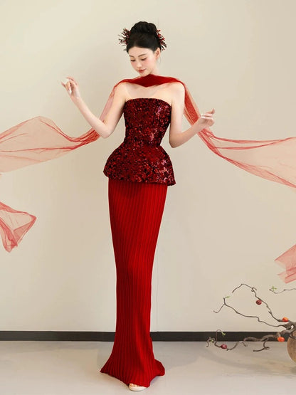 Sparkly Mermaid Strapless Burgundy Sequin With Scarf Long Evening Dresses Inspo Evening Outfits RB5173