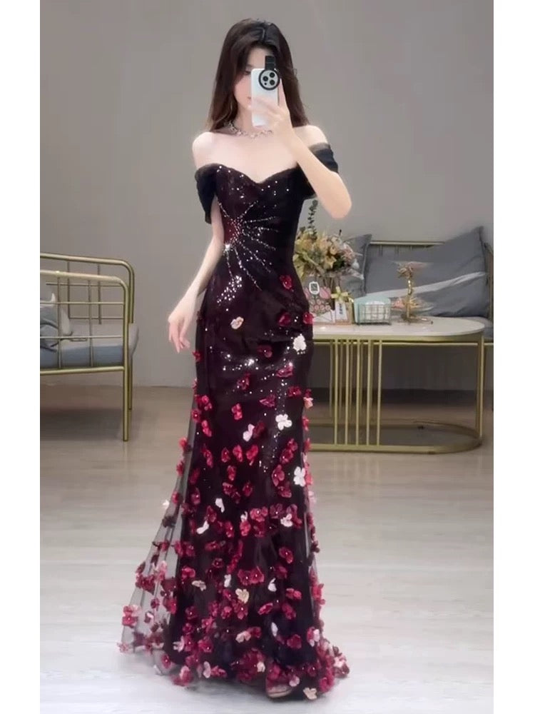 Unique Women's Mermaid Off The Shoulder Black With Flowers Maxi Dress Date Night Outfits Outdoor Semi Formal Prom Dresses RB5174