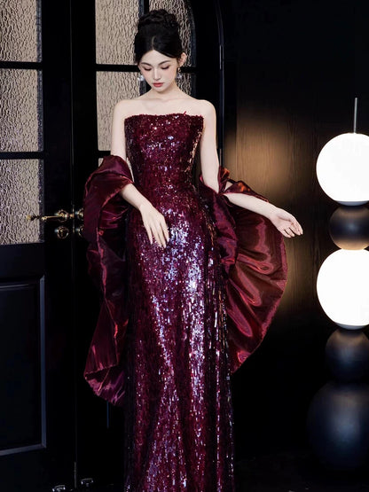 Sparkly Mermaid Strapless Burgundy Sequin With Cape Long Prom Evening Dresses Inspo Evening Outfits RB5182
