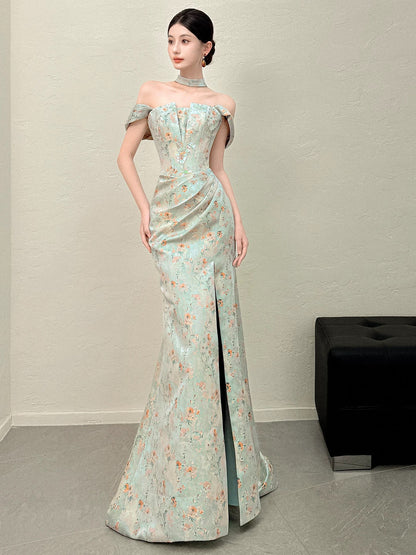 Modest Mermaid Off The Shoulder Green Floral Satin Long Evening Dresses Ideas Evening Outfits RB5177