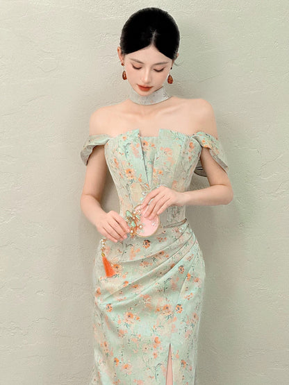 Modest Mermaid Off The Shoulder Green Floral Satin Long Evening Dresses Ideas Evening Outfits RB5177
