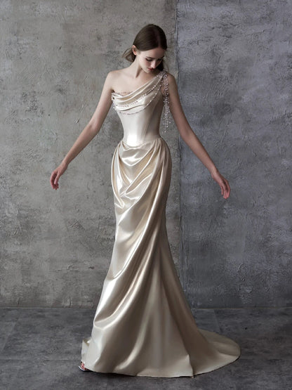 Modest Mermaid One Shoulder Champagne Ruffled Satin Long Evening Dresses Ideas Evening Outfits RB5178