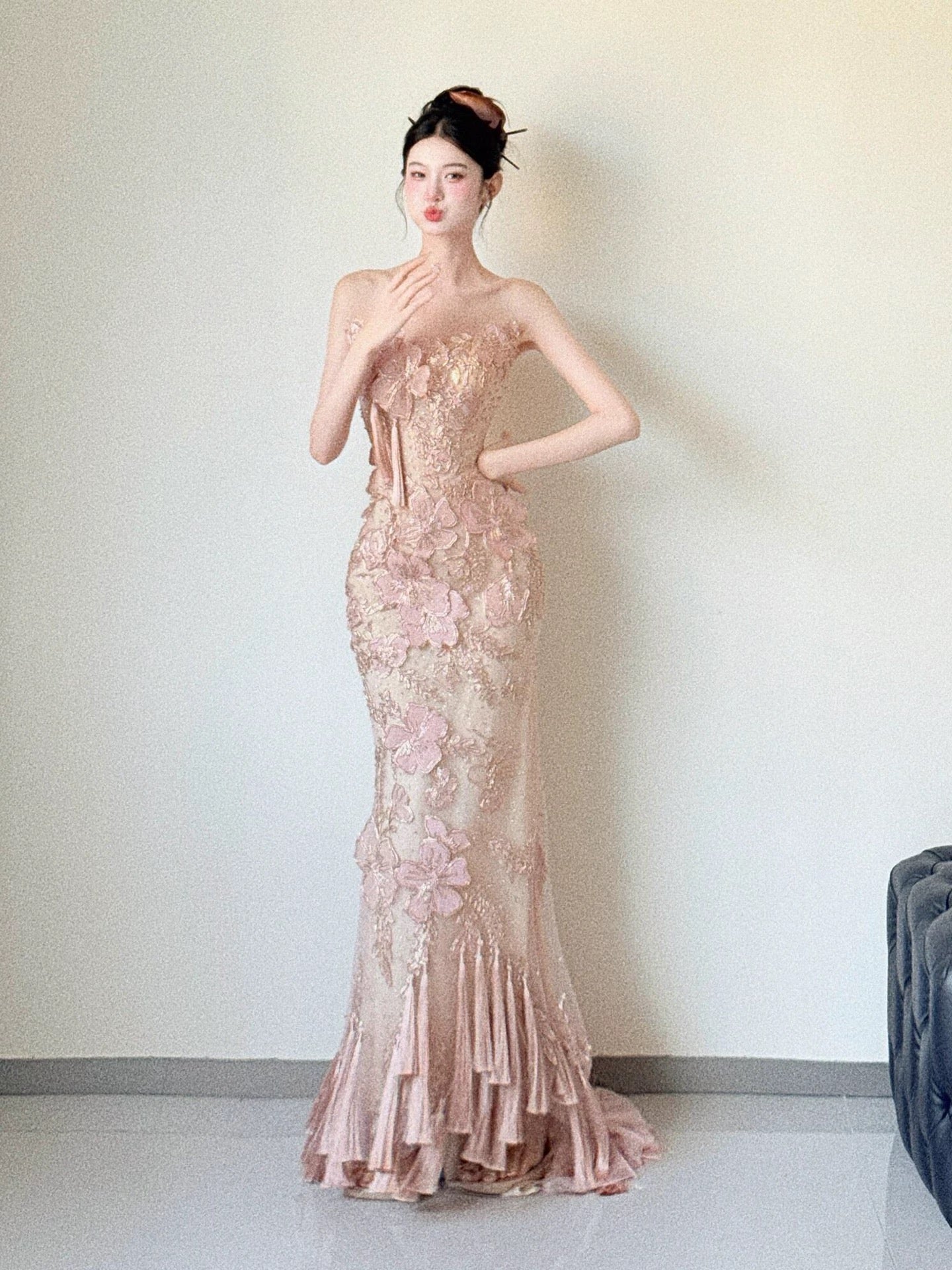 Sparkly Mermaid Strapless Pink Sequin With Flowers Long Prom Evening Dresses Inspo Evening Outfits RB5180