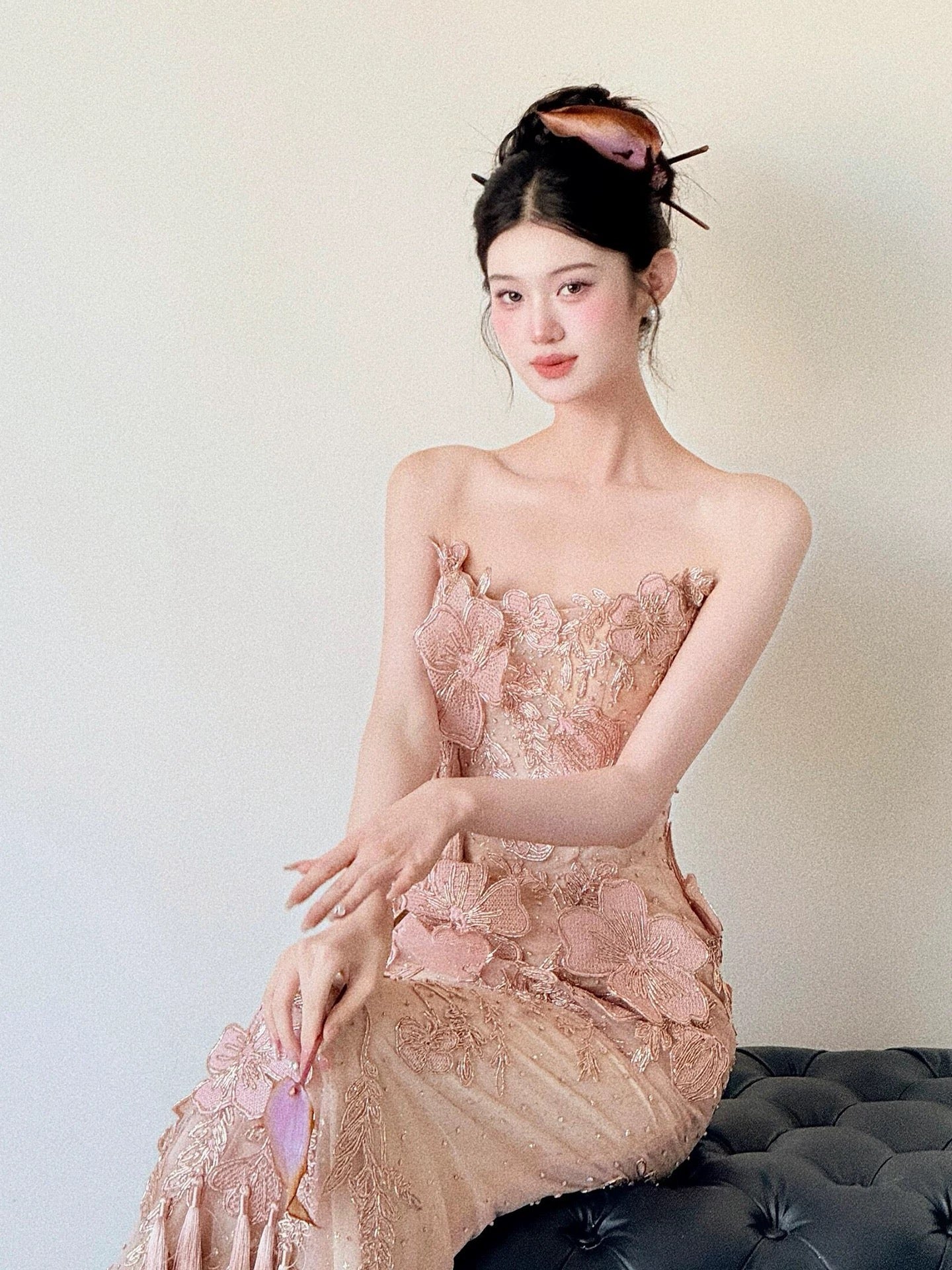 Sparkly Mermaid Strapless Pink Sequin With Flowers Long Prom Evening Dresses Inspo Evening Outfits RB5180