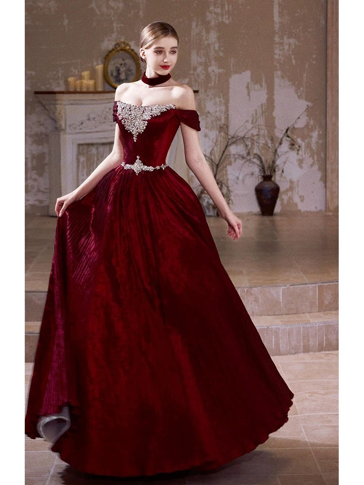 Unique Women's Ball Gown Off The Shoulder Burgundy Maxi Dress Date Night Outfits Semi Formal Prom Dresses RB5181