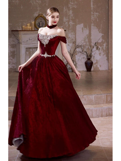 Unique Women's Ball Gown Off The Shoulder Burgundy Maxi Dress Date Night Outfits Semi Formal Prom Dresses RB5181