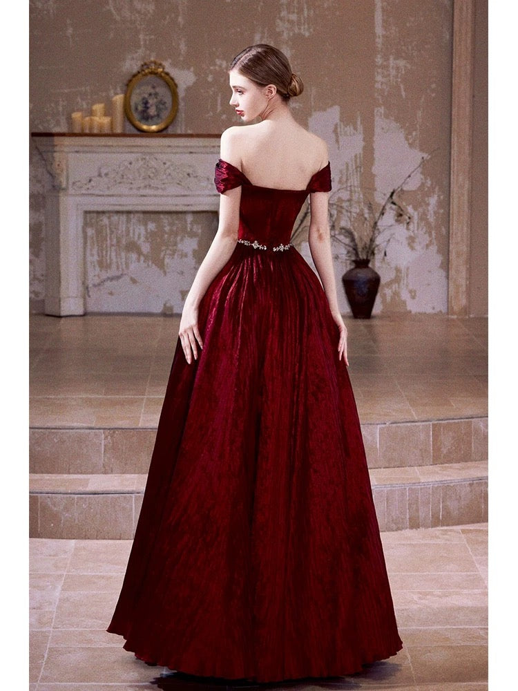 Unique Women's Ball Gown Off The Shoulder Burgundy Maxi Dress Date Night Outfits Semi Formal Prom Dresses RB5181
