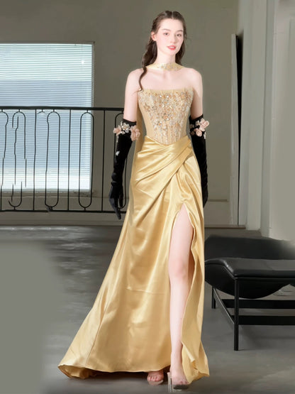 Sparkly Mermaid Strapless Gold Satin With High Split Long Date Night Evening Outfit Formal Prom Dresses RB5343