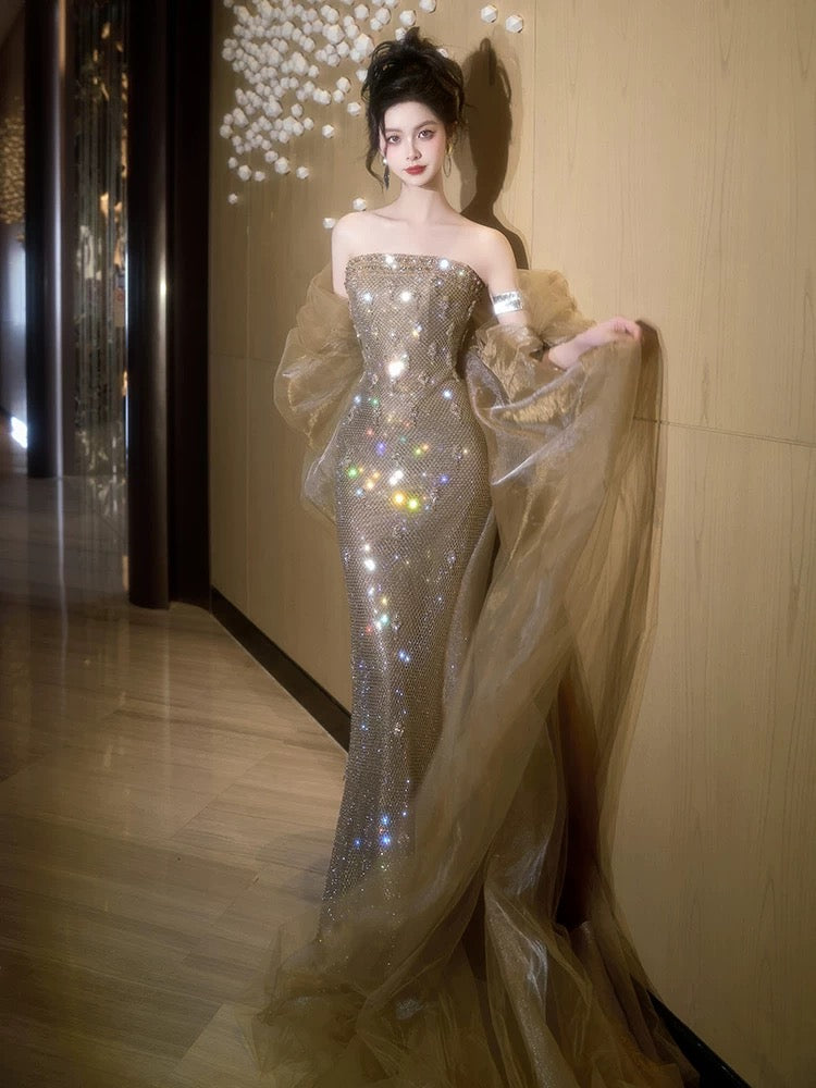 Beautiful Mermaid Strapless Champagne Sequin With Cape Date Night Outfits Semi Formal Prom Gown Evening Dresses RB5345