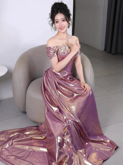 Princess Mermaid Off The Shoulder Lilac With Beads Date Night Evening Outfit Formal Prom Dresses RB5346