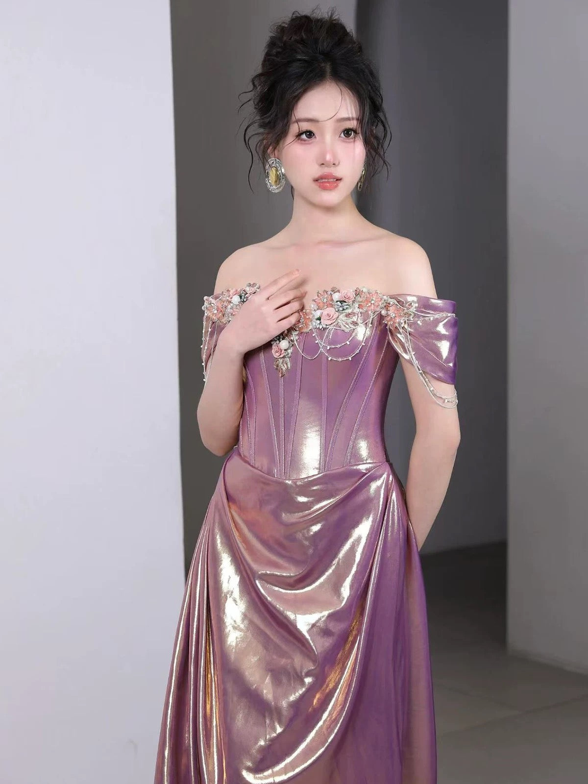 Princess Mermaid Off The Shoulder Lilac With Beads Date Night Evening Outfit Formal Prom Dresses RB5346
