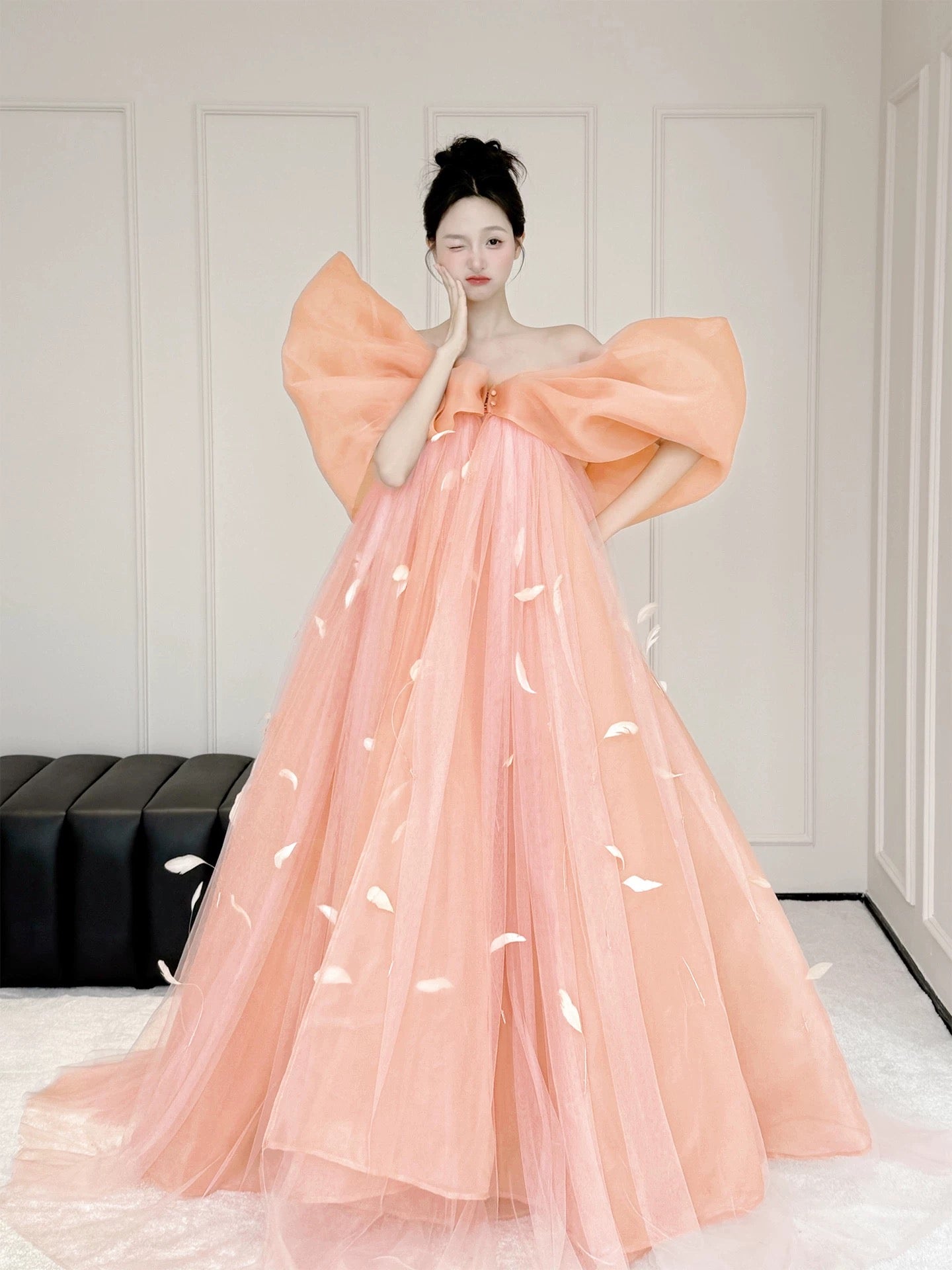Princess Ball Gown Off The Shoulder Pink With Bow Date Night Evening Outfit Formal Prom Dresses RB5347
