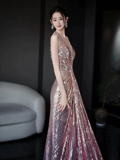 Unique Mermaid Halter Pink Sequin With Beads Date Night Outfits Semi Formal Prom Wedding Guest Dresses RB5348